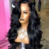 Parte a jato preto Black Synthetic Lace Frontal Wigs com linha fina natural de 24 polegadas de longa peruca de renda de ondas corpora