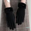 Fem fingrar handskar vinter för kvinnor pekskärm dam ull plus sammet varm vindtäta kvinnliga eleganta mjuka rosa vantar