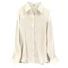 Spring Autumn French Women Shirt White Tops Long-sleeved Glossy Silk Satin Retro Blouses Chemisier Femme 11971 210521