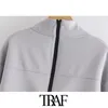 Traf Women Fashion Back Zipper Lose Asymetryczne bluzy Vintage High Collar Long Rleeve Pullover Chic Tops 210415