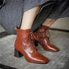 Botas MEMUNIA 2021 Zapatos de cuero genuino Mujeres Tobillo con cordones Zip Tacón alto Casual Vintage Otoño Invierno Mujer