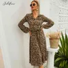 Mulheres Leopardo Midi Vestido Alto Cintura Manga Longa Robe Femme Vintage Trabalho Escritório Senhoras Camisa Outono Vestidos Cortos Moda 210415