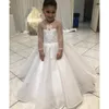 Vestidos de niña de flores para boda joya cuello encaje apliques florales faldas en escala de chicas Pago de chicas Vestir una línea para niños vestidos de cumpleaños