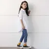 Girls White Blouses Long Kids Fashion Girl Spring Fall Loose Shirts Turn-down Collar Button Tops with Two Pockets 210622