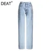 Pleine longueur Light Blue Side Chaîne Taille Creux High Jeans Double Poches Bouton Fly Pantalon Femmes Printemps GX836 210421