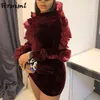 Vintage Dress Party Evening Elegant Long Sleeve Solid Ruffles Bodycon Fashion Sale Skinny Sexy for Women 210513