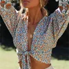 Femmes Bohemian Sun Flower Imprimé Kimono Chemise Batwing Col V-Col V-Cravate Cravate Cardigan Chemisier Femme Blusas 210429