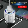 QC3.0 PD Carregador de carro Tipo C Dual USB Adaptador de carregamento rápido 2 em 1 carregador de alta velocidade com pacote de varejo para smartphone izeso