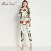 Moda Tasarımcısı Set Yaz Kadınlar Uzun Kollu Küçük Hayvanlar Baskı Kazak Tops + Pantolon İki Parçalı Suit 210524