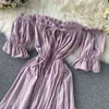 Mode Frauen Strand Kleid Sommer Off Schulter Sexy Midi Weibliche Vestidos Elegante Damen Rüschen Violet Lange Robe 210525