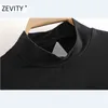 ZEVITY femmes sexy bandage dos nu noir T-shirt court femme chic col montant bas mince T-shirts loisirs à lacets hauts S381 210419