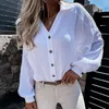 Damskie Bluzki Koszule Długi Latarnia Koszula Bawełniana V-Neck Casual Solid Ladies Jesień Przyciski Eleganckie Moda Top Kobiety