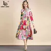 Summer Moda Designer Elegancka sukienka Kobiety Z Długim Rękawem Luksusowe Koronki Patchwork Floral Print Vintage Midi 210522