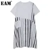 [EAM] Women White Big Size Striped Pocket Dress Round Neck Short Sleeve Loose Fit Fashion Spring Summer 1DD7142 210512