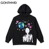 Gonthwid Hip Hop Hoodie Sweatshirt StreetWear Earth Skeleton Print Punk Gothic Hooded Winter Harajuku Bomull Pullover Black 211230