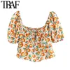 Women Sweet Fashion Fruit Print Cropped Blouses Vintage Puff Sleeves Back Elastic Female Shirts Blusas Chic Tops 210507