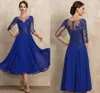 Élégant bleu Royal thé longueur mousseline de soie dentelle mère de la Robe de mariée paillettes a-ligne Robe De soirée nuptiale Robe De soirée personnalisée