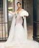 2021 Arabe Aso Ebi Sexy Luxueux Robes De Mariée Sirène Robe De Mariée Col En V Profond Illusion Dentelle Perles Cristaux Robes Avec Cape Balayage Train Manches Longues