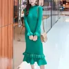 Green Pink Stand Collar Long Sleeve Ruffle Knitted Solid Knee Length Sheath Bodycon Autumn Winter Dress Elegant D1384 210514