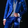Мужские костюмы Blazers Royal Blue Satin Mounts для свадьбы с серым жилищем Slim Fit Gooom Tuxedos мужская мода 3 штуки (куртка + жилет + брюки)