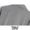 TRAF女性ファッション覆われたボタンでファッションハンドトゥースプリーツミニドレスビンテージ3クォータースリーブメスドレスMujer 210415