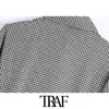 Traf Women Fashion met overdekte knop Houndstooth geplooide mini -jurk vintage drie kwart mouw vrouwelijke jurken mujer 210415