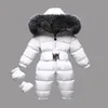 Vinter varm baby rompers ner tjejer overalls päls hooded pojkar jumpsuits utomhus barn onesie höst toddler snö kläder 220106