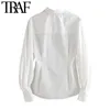 TRAF Women Fashion Button-up White Blouses Vintage Lapel Collar Puff Sleeve Female Shirts Blusas Chic Tops 210415
