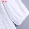 Tangada Women Elasitc Pleated White Summer Dress Chic Fashion Vintage Puff Sleeve Female Midi Dresses BE525 210609