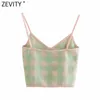 Zevity Frauen Swee Plaid Print Kurze Strick Sling Pullover Weibliche Spaghetti Strap V-ausschnitt Weste Chic Sommer Crop Tops SW718 210603