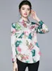 Mode designer kvinna blommig lös avslappnad knapp satin blusar flicka söt långärmad två ficka skjorta topp kvinna 210416
