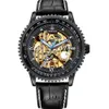 Orkina Large Dial Skeleton Automatic Mechanical Watches Men Black Leather Strap男性リストウォッチ