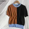 Estate Donna Magliette Moda Contrasto Colore Patchwork Camicie Coreano Lavorato a maglia Tees Allentato Casuale Pullover Top Femme 210519