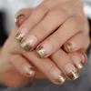 Fałszywe paznokcie Wzór francuski nagie kwadratowy krótki złoty faktura kwiat paznokcie nowoczesne żel UV Acryl Tips Prud22