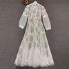 Varış Yaz Vintage Mesh Midi Elbise kadın Moda Tasarımcısı Uzun Kollu Dantel Işlemeli Standı Yaka Parti 210520