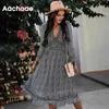 Bohemian Gedrukt V-hals Chiffon Vrouwen Lange Mouw Ruches Strand Jurk Elegant Een lijn Zomer Casual Midi Jurken 210413