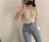 Sexy Voltar Lace Up Chic Coreano Gentil Blue Hollow Out Quadrado Neck Slow Sleeve Blusa Plissada Mulheres Curto Moda Tops Blusas 210429