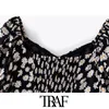 Traf Women Chic Fashion Floral Print Mini Dress Vintage V Neck Puff Sleeves Back Elastic Female Dresses Vestidos Mujer 210415