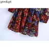 Vintage Mehrfarbiger Blumendruck Minikleid Frauen Fliege Kragen Langarm Plissee Casual Plus Size Vestido 210514