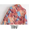 TRAF Women Fashion Double Breasted Print Blazer Coat Vintage Long Sleeve Pockets Female Outerwear Chic Tops 211019