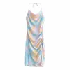 Vintage Tie Dye Sexy Dos Nu Halter Dress Femmes Asymétrique Côté Cordon Long Femme D'été Vacances Plage Robe 210514