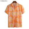 Solblomma tryckta män skjorta Hawaiian Beach Holiday Mens Mode Casual Loose Button Up Men Kortärmad T-shirts Male Camisa 210524