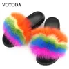 Real Fox Fur Slides Women Fluffy Flat Home Slippers Ladies Winter Warm Casual Furry Shoes Lovely Plush Fox Hair Indoor Flip Flop C0330