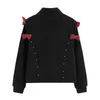 Mock Neck Pullover Crop Sweter Krojenia Topy Kobiety Button Przycisk Design Retro Czarny Dzianiny Kobiet Luźne Off Ramię Dama 210417