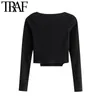 Women Fashion With Buttons Cropped Knitted Blouses Vintage Square Collar Long Sleeve Female Shirts Chic Tops 210507