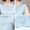 Loose Sky Blue Elegant Women Sleeveless Blouse Top Silk Satin Shirts Blusas Fashion Round Collar Women's Clothing 9173 50 210417