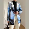 Women Elegant Fashion A Buckle Tie Dye Suit Female Lapel Collar Long Sleeve Coat Chic Top 210520