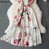 Chiffon Frau Kleid Floral Süße Sommer Robe Mode V-ausschnitt Backless Strap Kleider Vintage Temperament Vestidos 210519