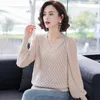 Elegant knitting V-Neck Lantern Sleeve Hollow out top Fashion loose sexy sweater ladies Chic large size casual base 211011