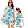 Family Matching Outfits Fashion Off Shoulder Tassel Mother Daughter Dresses Green Leaf Print Mama Mom and Sundress 210724